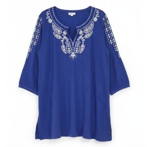 J Jill Tunic Top Size XL Royal Blue Embroidered 3/4 Sleeve Bohemian Peasant Boho